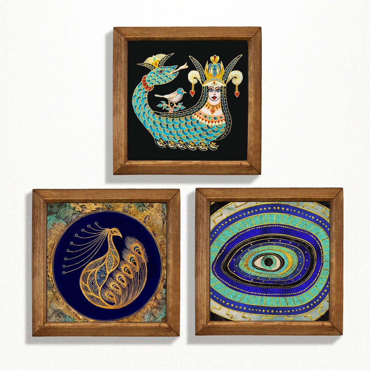 Shahmaran, Peacock & Evil Eye Trio Stone Wall Art Set