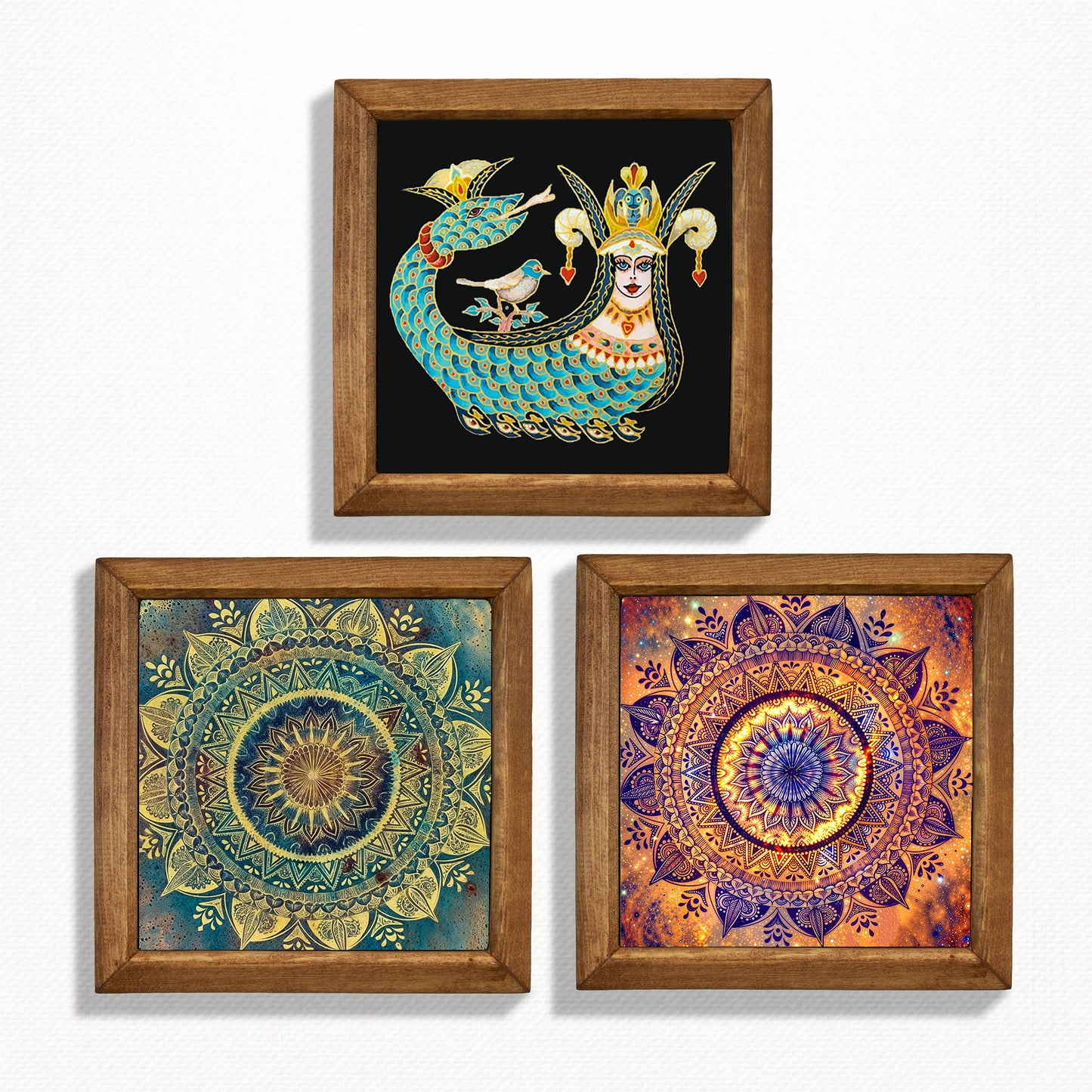 Shahmaran & Mandala Wall Art Trio – Red & Green Wood Frame Set