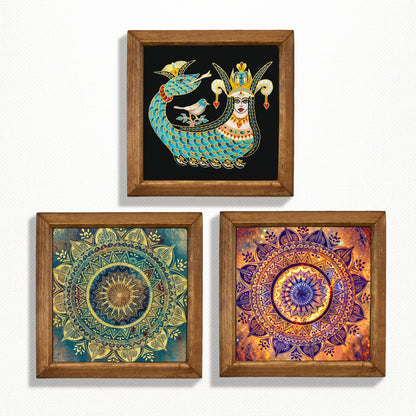 Shahmaran & Mandala Wall Art Trio – Red & Green Wood Frame Set