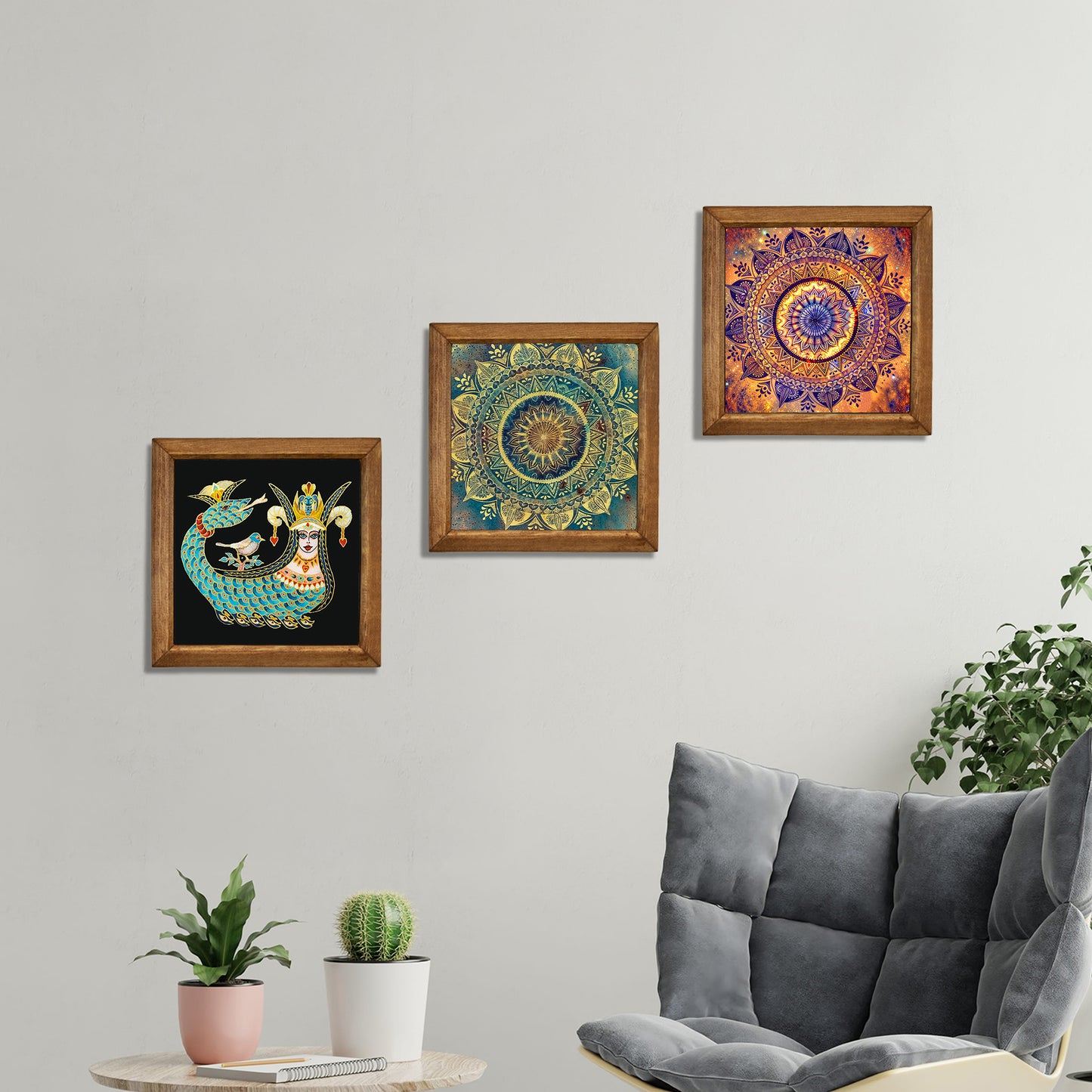 Shahmaran & Mandala Wall Art Trio – Red & Green Wood Frame Set