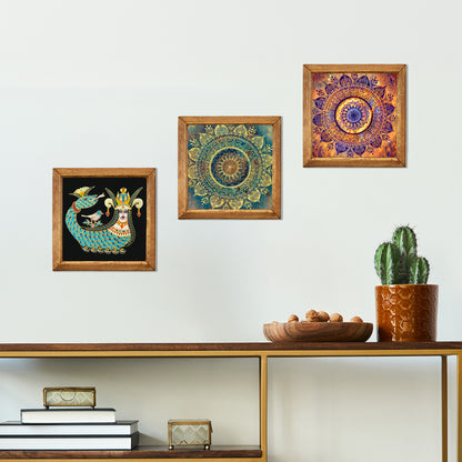 Shahmaran & Mandala Wall Art Trio – Red & Green Wood Frame Set