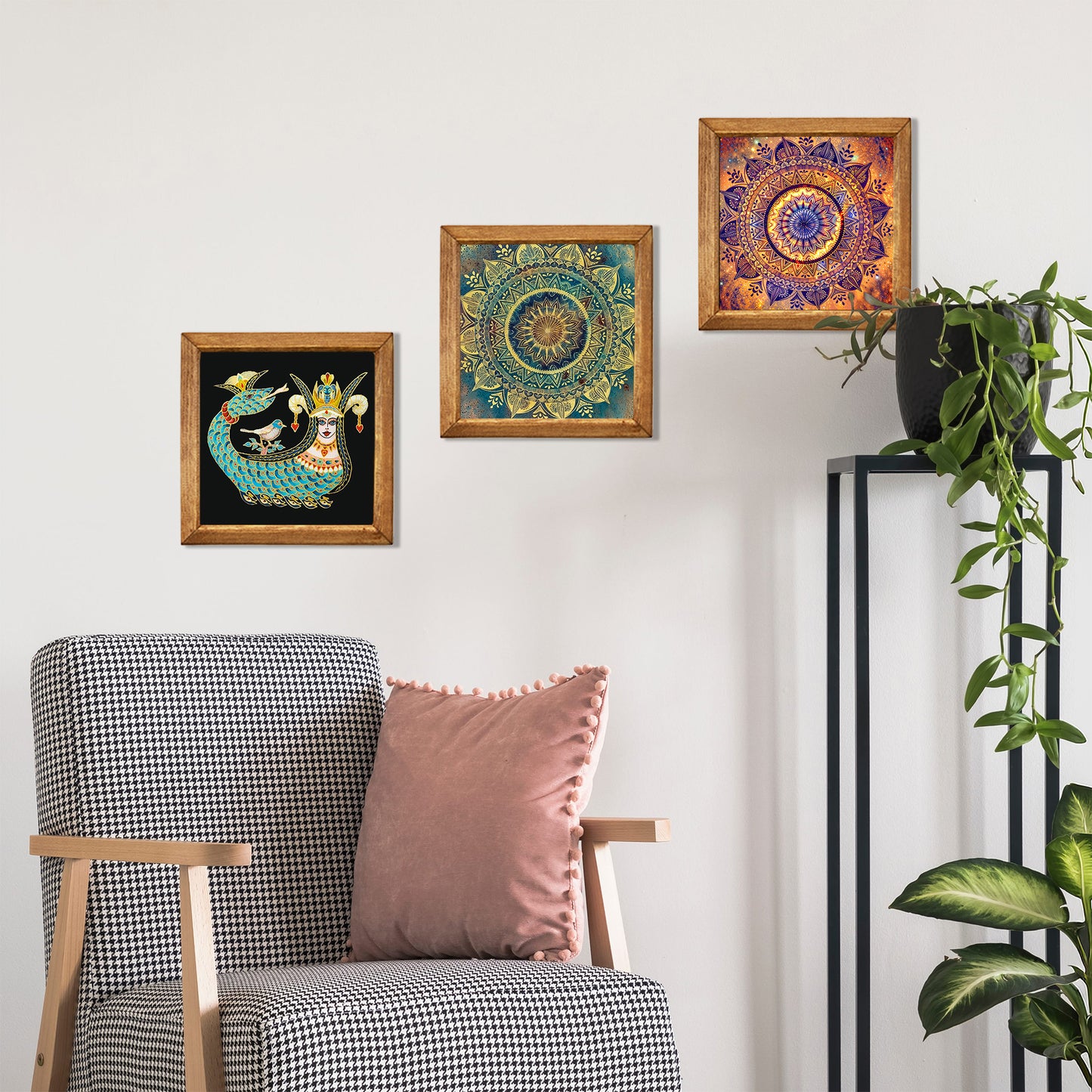 Shahmaran & Mandala Wall Art Trio – Red & Green Wood Frame Set