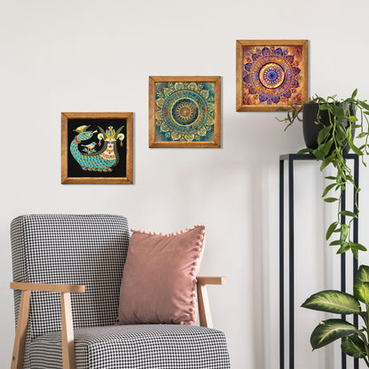 Shahmaran & Mandala Wall Art Trio – Red & Green Wood Frame Set