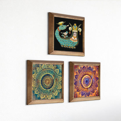 Shahmaran & Mandala Wall Art Trio – Red & Green Wood Frame Set