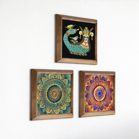 Shahmaran & Mandala Wall Art Trio – Red & Green Wood Frame Set