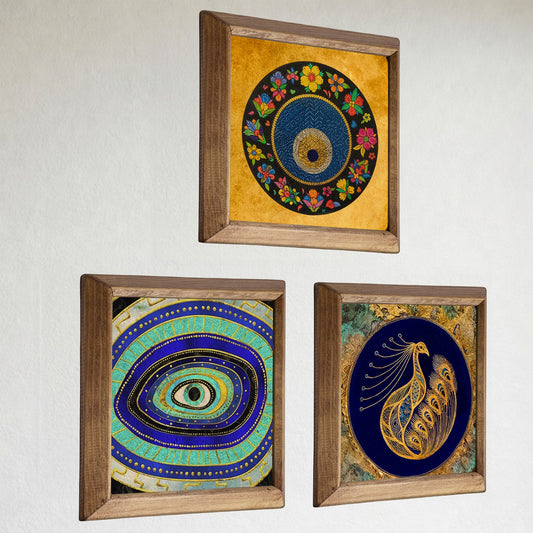 Evil Eye & Peacock Trio Stone Wall Art Set