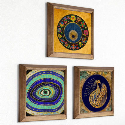 Evil Eye & Peacock Stone Wall Art Trio – Wooden Frame Set