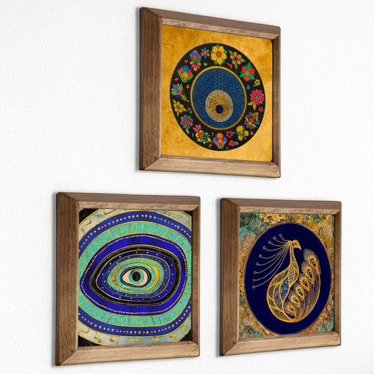 Sacred Eye Natural Stone Wall Art Trio – Wooden Frame