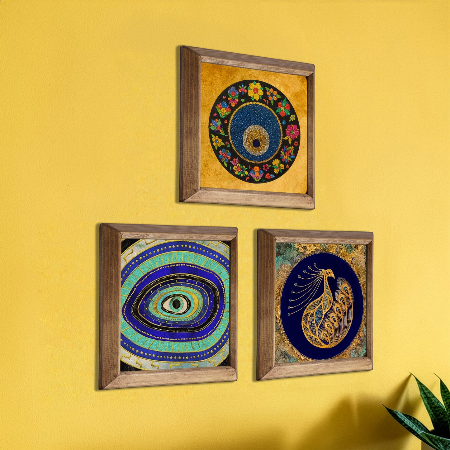 Evil Eye & Peacock Stone Wall Art Trio – Wooden Frame Set