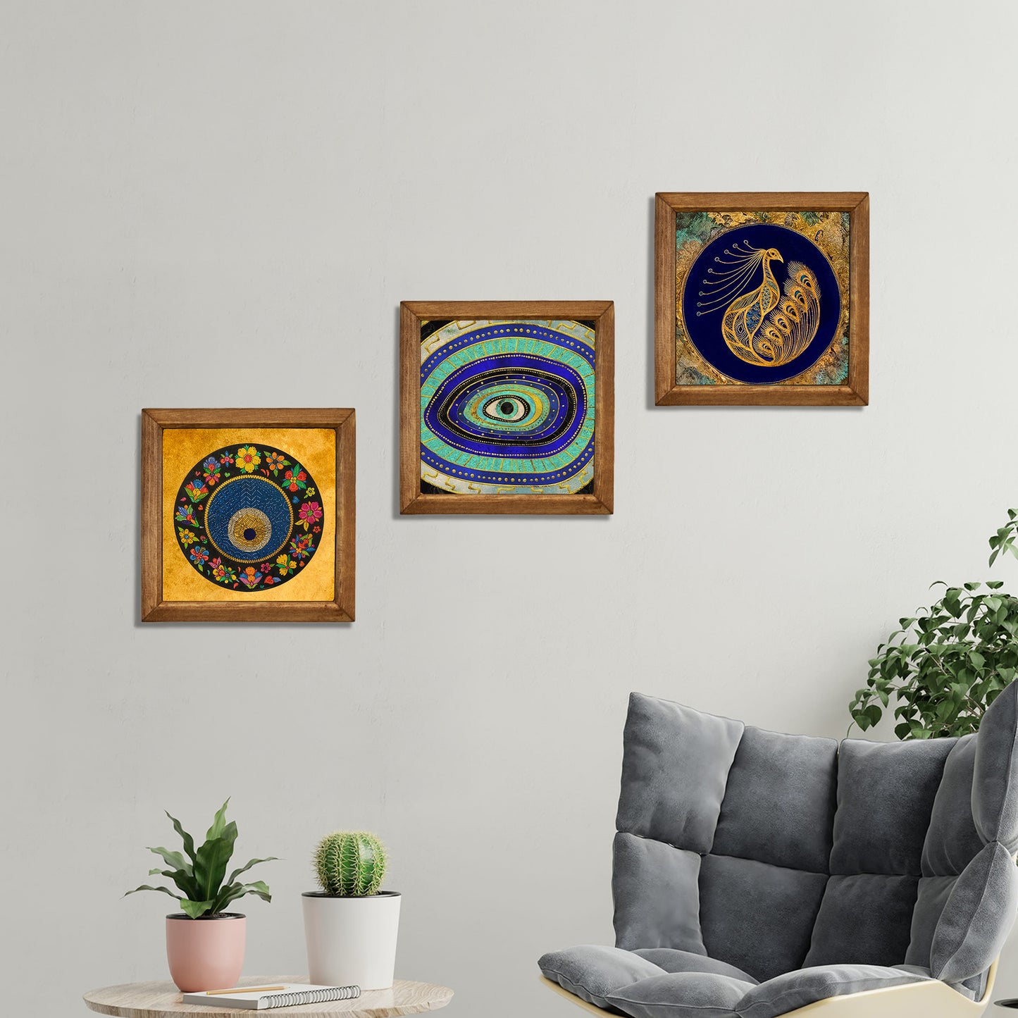 Evil Eye & Peacock Stone Wall Art Trio – Wooden Frame Set