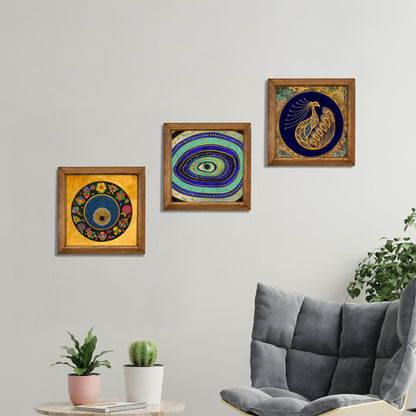 Evil Eye & Peacock Stone Wall Art Trio – Wooden Frame Set