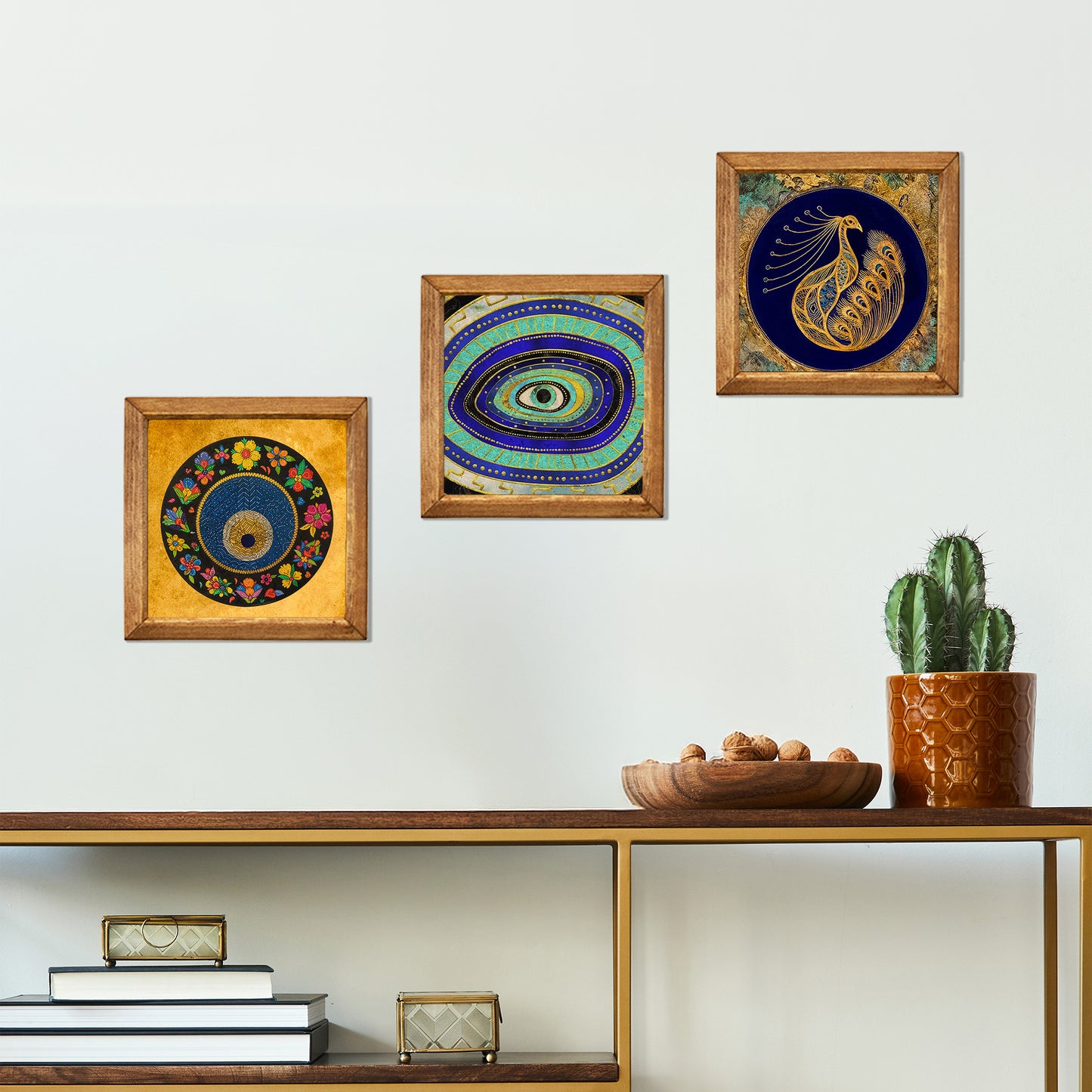 Evil Eye & Peacock Stone Wall Art Trio – Wooden Frame Set