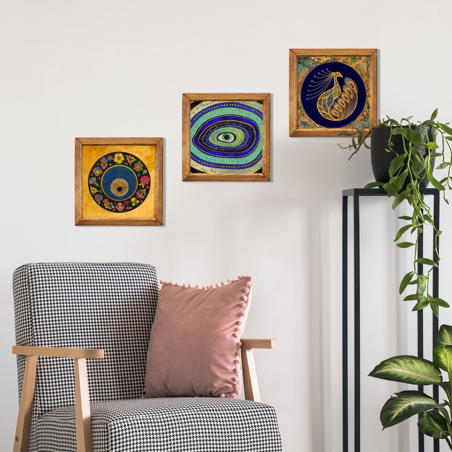 Evil Eye & Peacock Stone Wall Art Trio – Wooden Frame Set