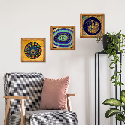 Evil Eye & Peacock Stone Wall Art Trio – Wooden Frame Set