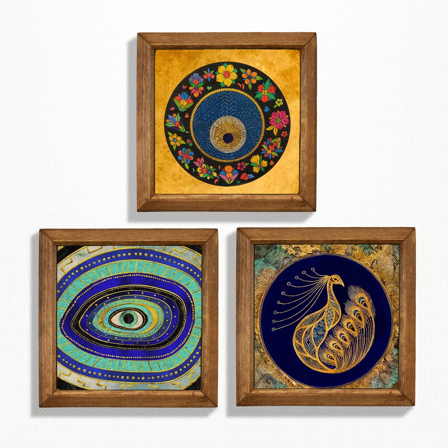 Evil Eye & Peacock Stone Wall Art Trio – Wooden Frame Set