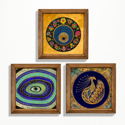 Evil Eye & Peacock Stone Wall Art Trio – Wooden Frame Set