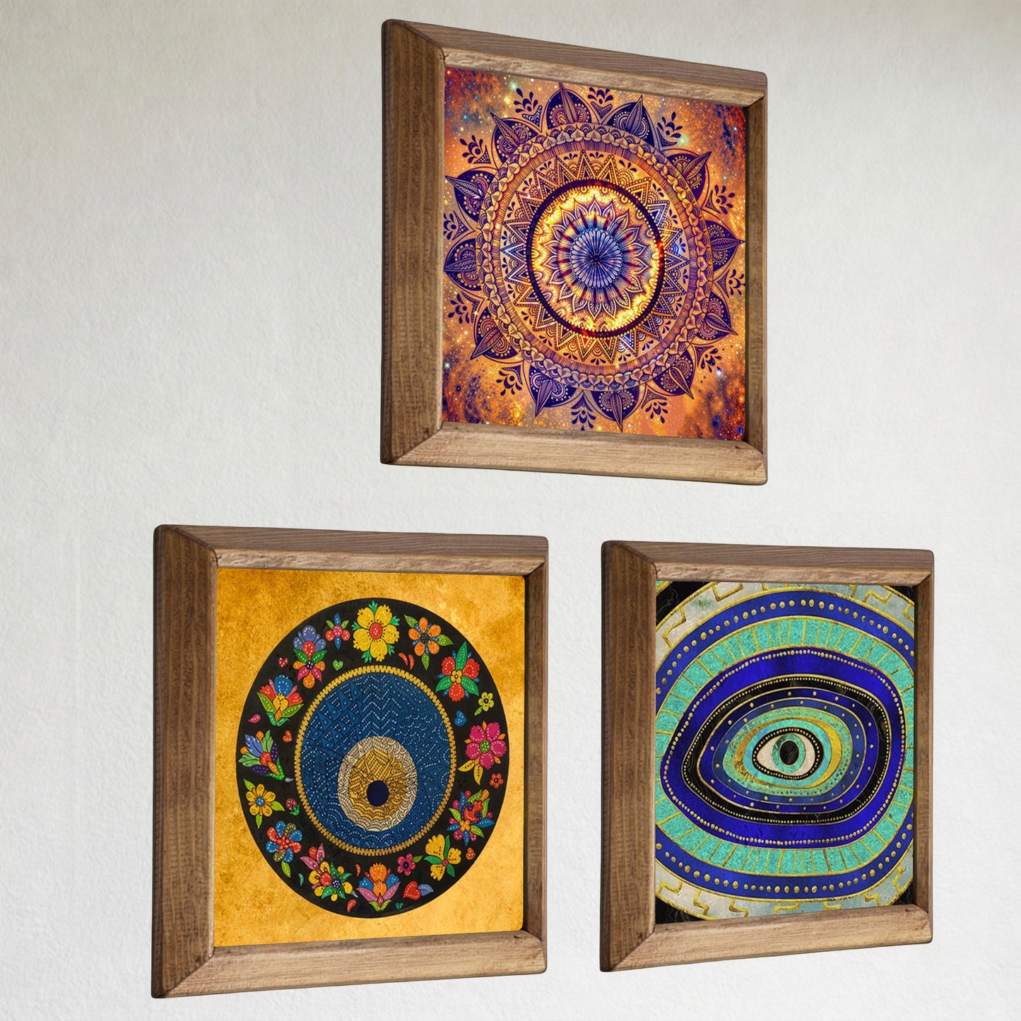 Evil Eye and Cosmos Mandala Trio Stone Wall Art Set
