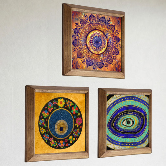 Evil Eye and Cosmos Mandala Trio Stone Wall Art Set