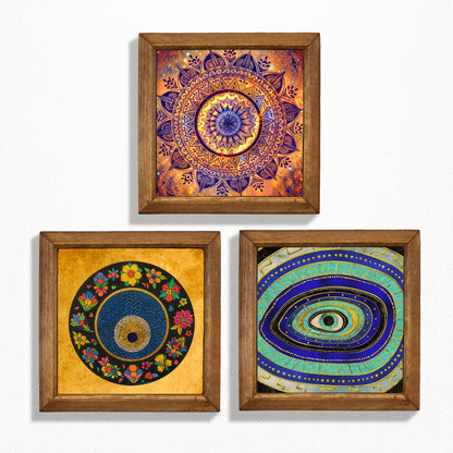 Sacred Eye Natural Stone Wall Art Trio – Wooden Frame