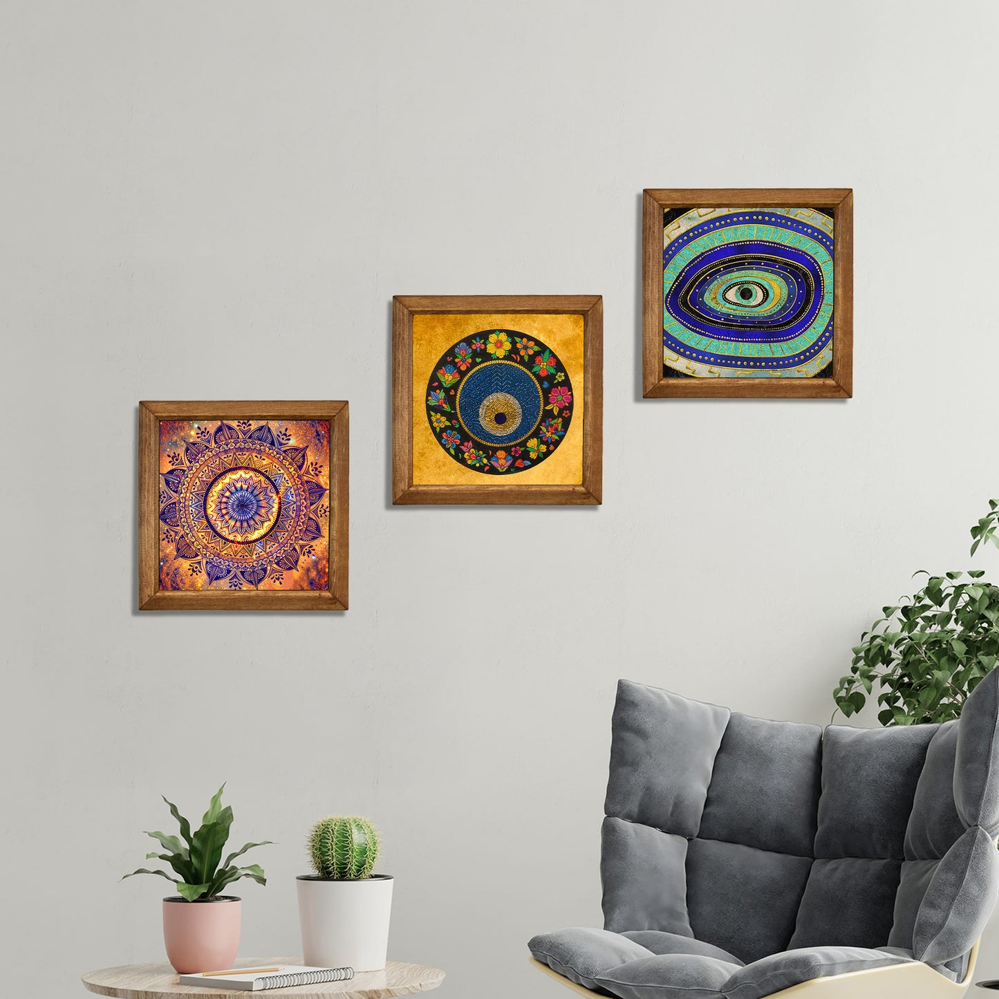 Sacred Eye Natural Stone Wall Art Trio – Wooden Frame