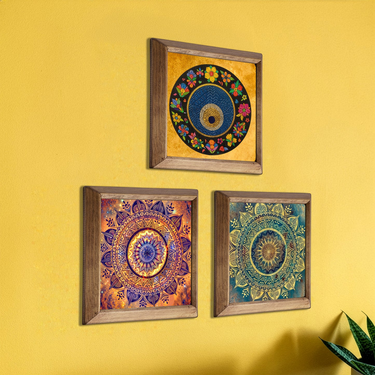 Evil Eye Mandala Trio Natural Stone Wall Art Wood Frame Set