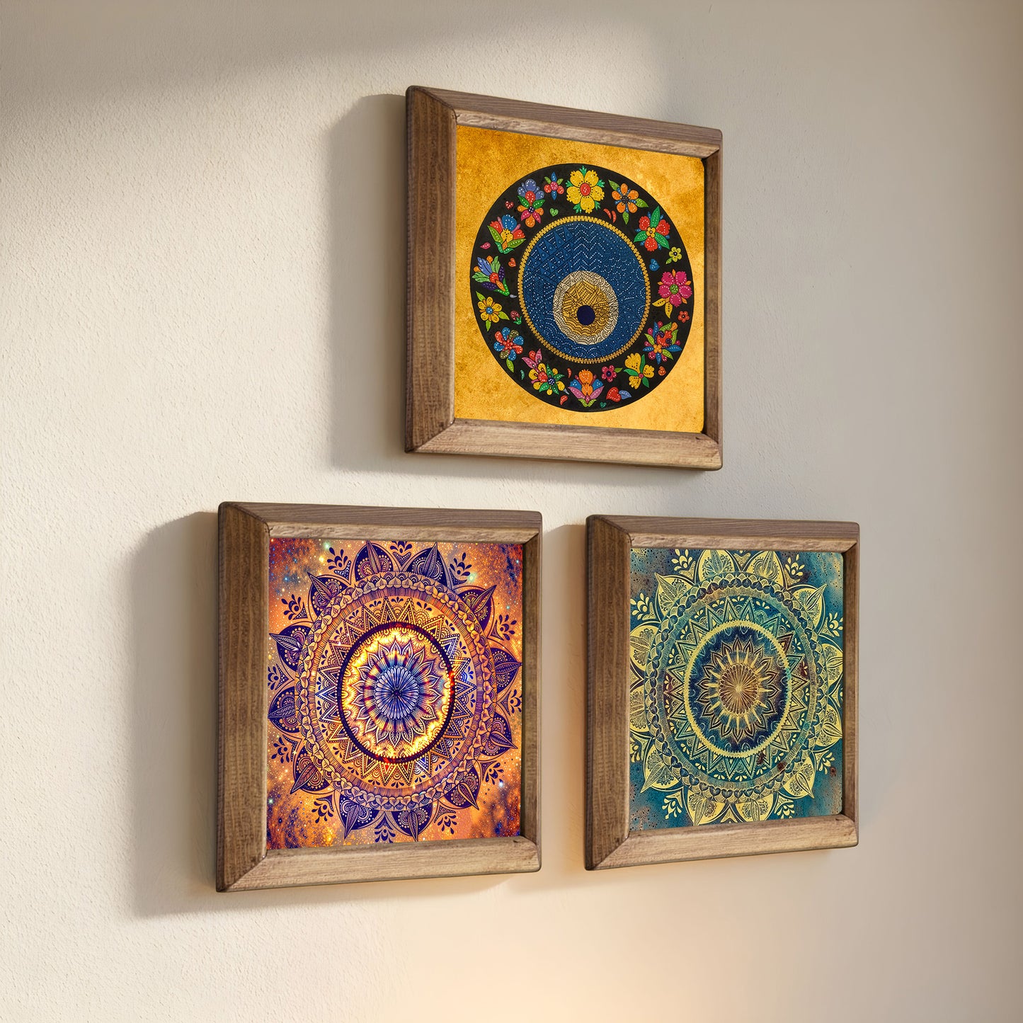 Evil Eye Mandala Trio Natural Stone Wall Art Wood Frame Set