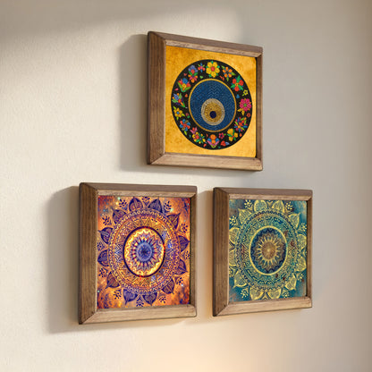 Evil Eye Mandala Trio Natural Stone Wall Art Wood Frame Set
