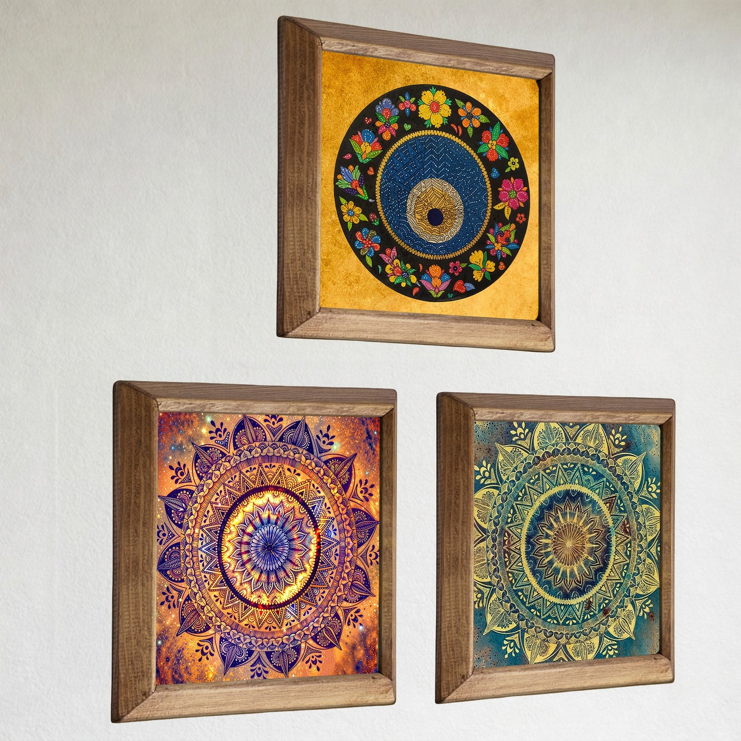 Evil Eye Mandala Trio Natural Stone Wall Art Wood Frame Set