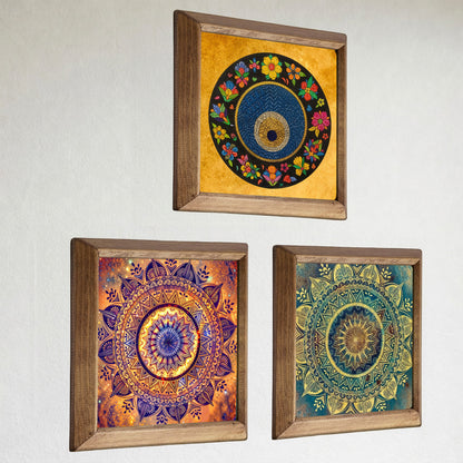 Evil Eye Mandala Trio Natural Stone Wall Art Wood Frame Set