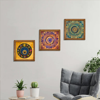 Evil Eye Mandala Trio Natural Stone Wall Art Wood Frame Set