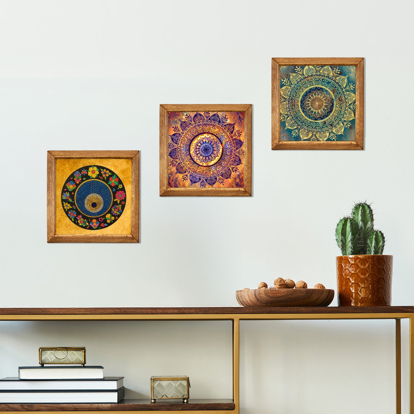 Evil Eye Mandala Trio Natural Stone Wall Art Wood Frame Set