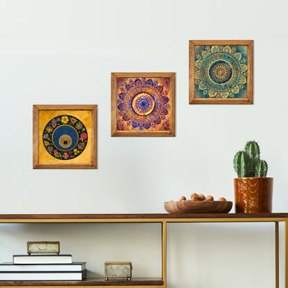 Evil Eye Mandala Trio Natural Stone Wall Art Wood Frame Set