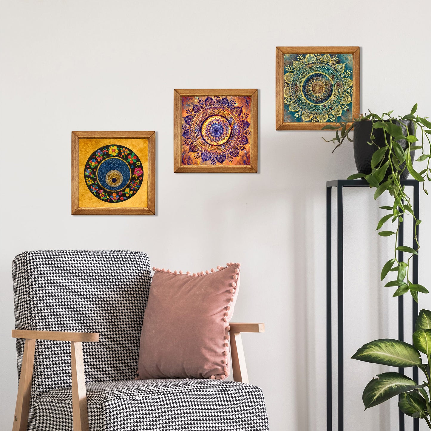 Evil Eye Mandala Trio Natural Stone Wall Art Wood Frame Set