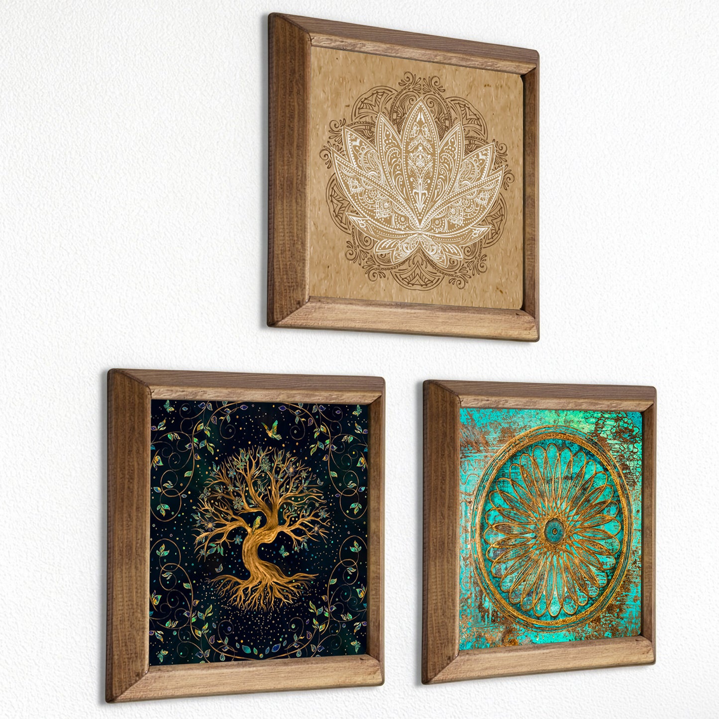 Tree of Life, Flower of Life & Lotus Trio Natural Stone Wall Art – Wood Frame Set