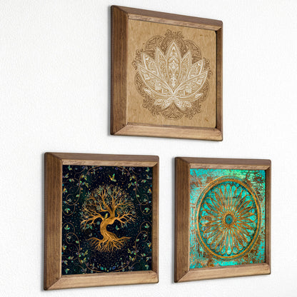 Tree of Life, Flower of Life & Lotus Trio Natural Stone Wall Art – Wood Frame Set