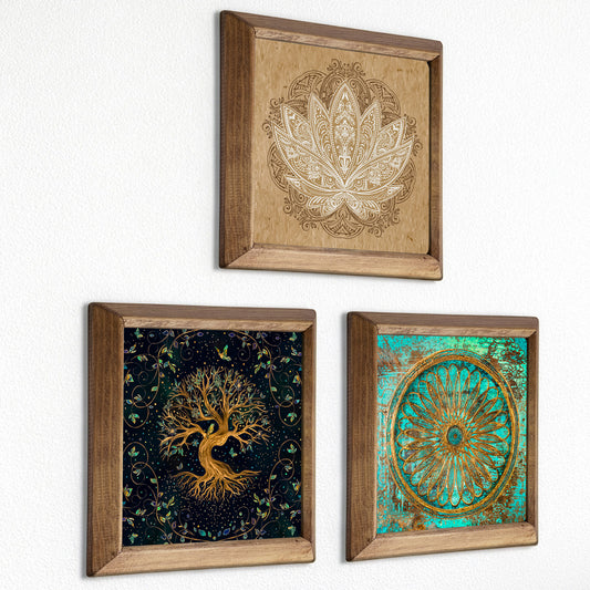 Tree of Life, Flower of Life & Lotus Trio Natural Stone Wall Art – Wood Frame Set