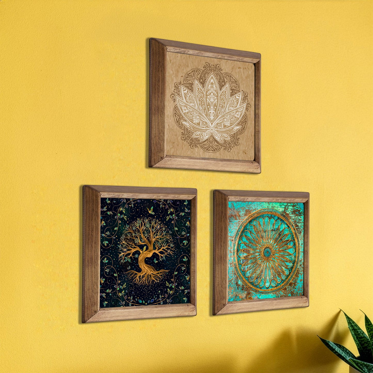Tree of Life, Flower of Life & Lotus Trio Natural Stone Wall Art – Wood Frame Set