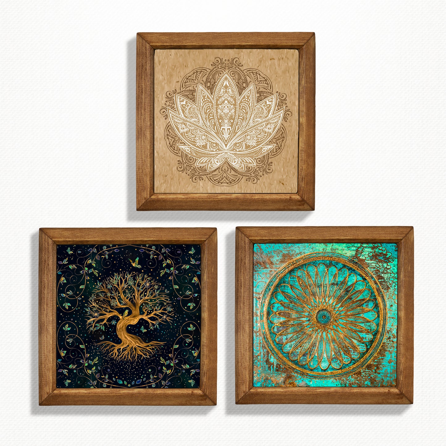 Tree of Life, Flower of Life & Lotus Trio Natural Stone Wall Art – Wood Frame Set