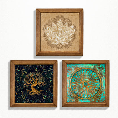 Tree of Life, Flower of Life & Lotus Trio Natural Stone Wall Art – Wood Frame Set