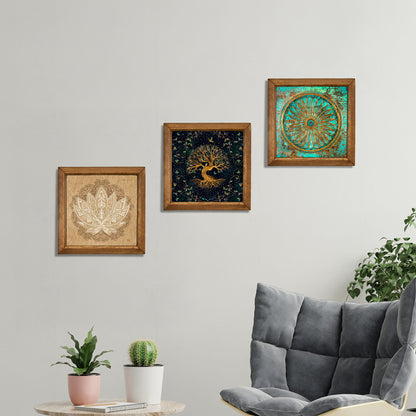 Tree of Life, Flower of Life & Lotus Trio Natural Stone Wall Art – Wood Frame Set