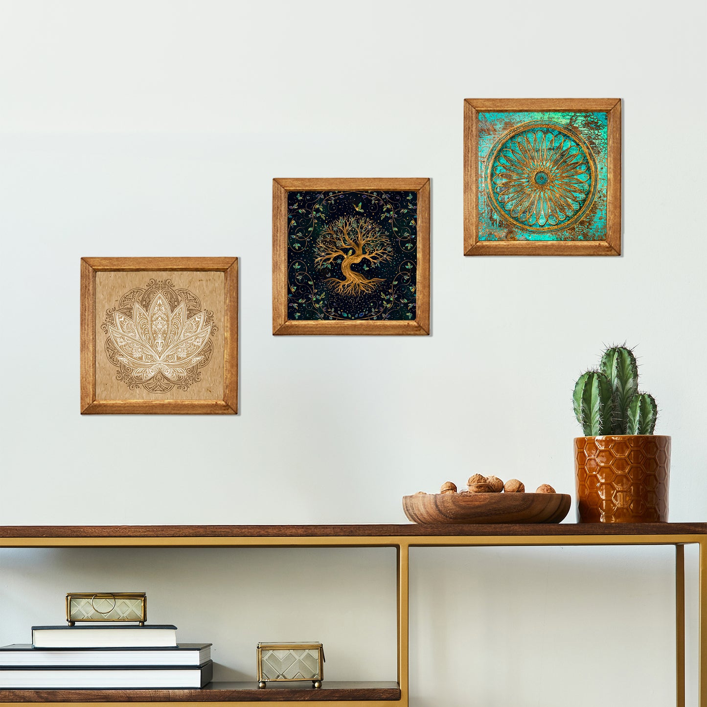 Tree of Life, Flower of Life & Lotus Trio Natural Stone Wall Art – Wood Frame Set