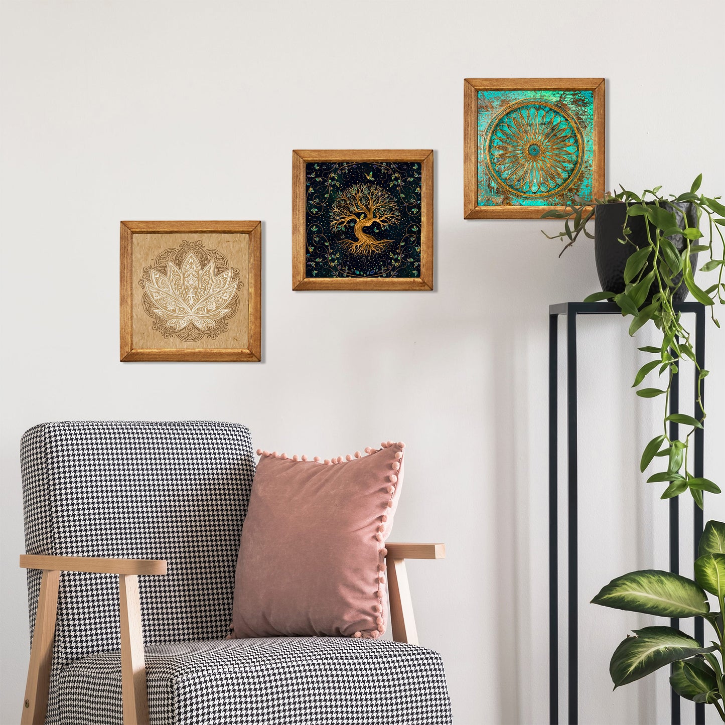 Tree of Life, Flower of Life & Lotus Trio Natural Stone Wall Art – Wood Frame Set