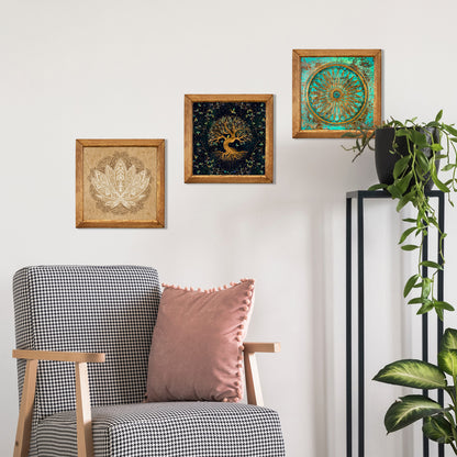 Tree of Life, Flower of Life & Lotus Trio Natural Stone Wall Art – Wood Frame Set