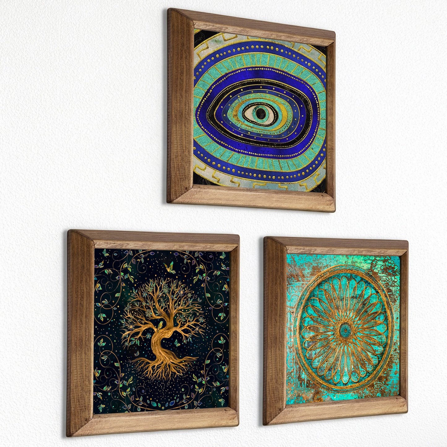 Evil Eye, Tree of Life & Sacred Wheel Trio Natural Stone Wall Art – Wood Frame Set