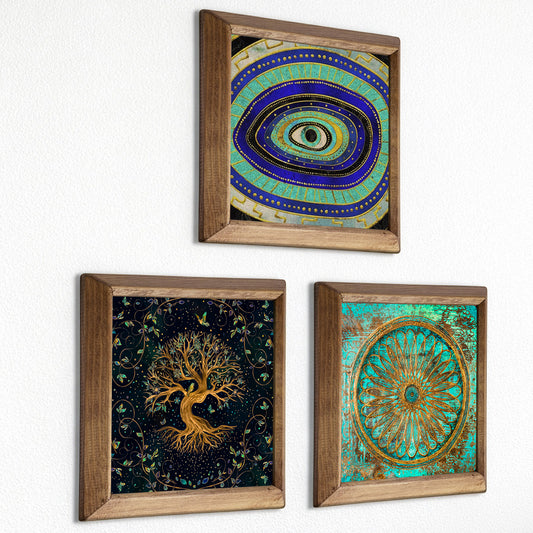 Evil Eye, Tree of Life & Sacred Wheel Trio Natural Stone Wall Art – Wood Frame Set