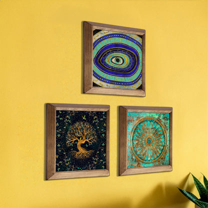 Evil Eye, Tree of Life & Sacred Wheel Trio Natural Stone Wall Art – Wood Frame Set