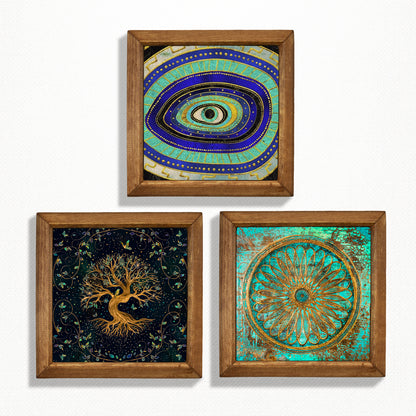 Evil Eye, Tree of Life & Sacred Wheel Trio Natural Stone Wall Art – Wood Frame Set