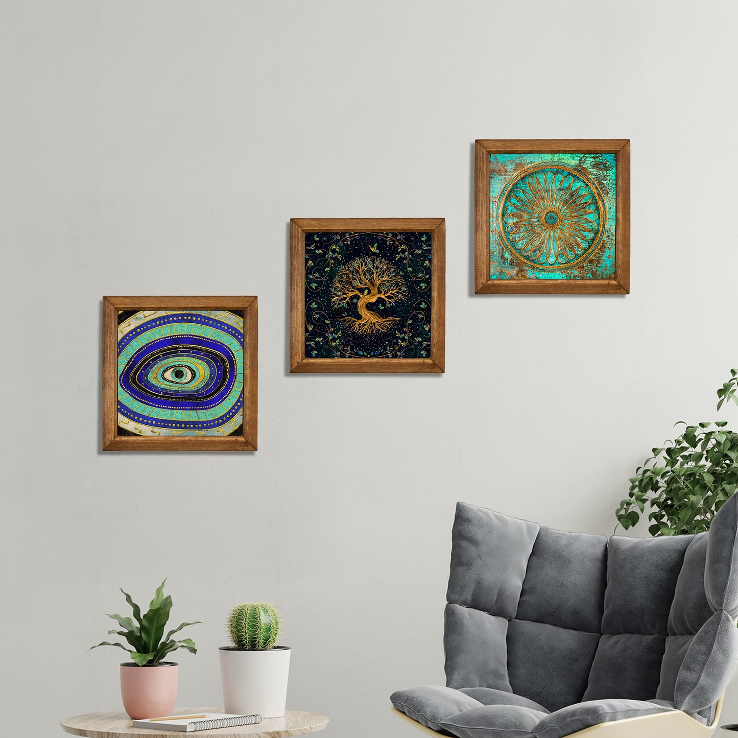 Evil Eye, Tree of Life & Sacred Wheel Trio Natural Stone Wall Art – Wood Frame Set