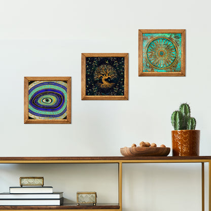 Evil Eye, Tree of Life & Sacred Wheel Trio Natural Stone Wall Art – Wood Frame Set