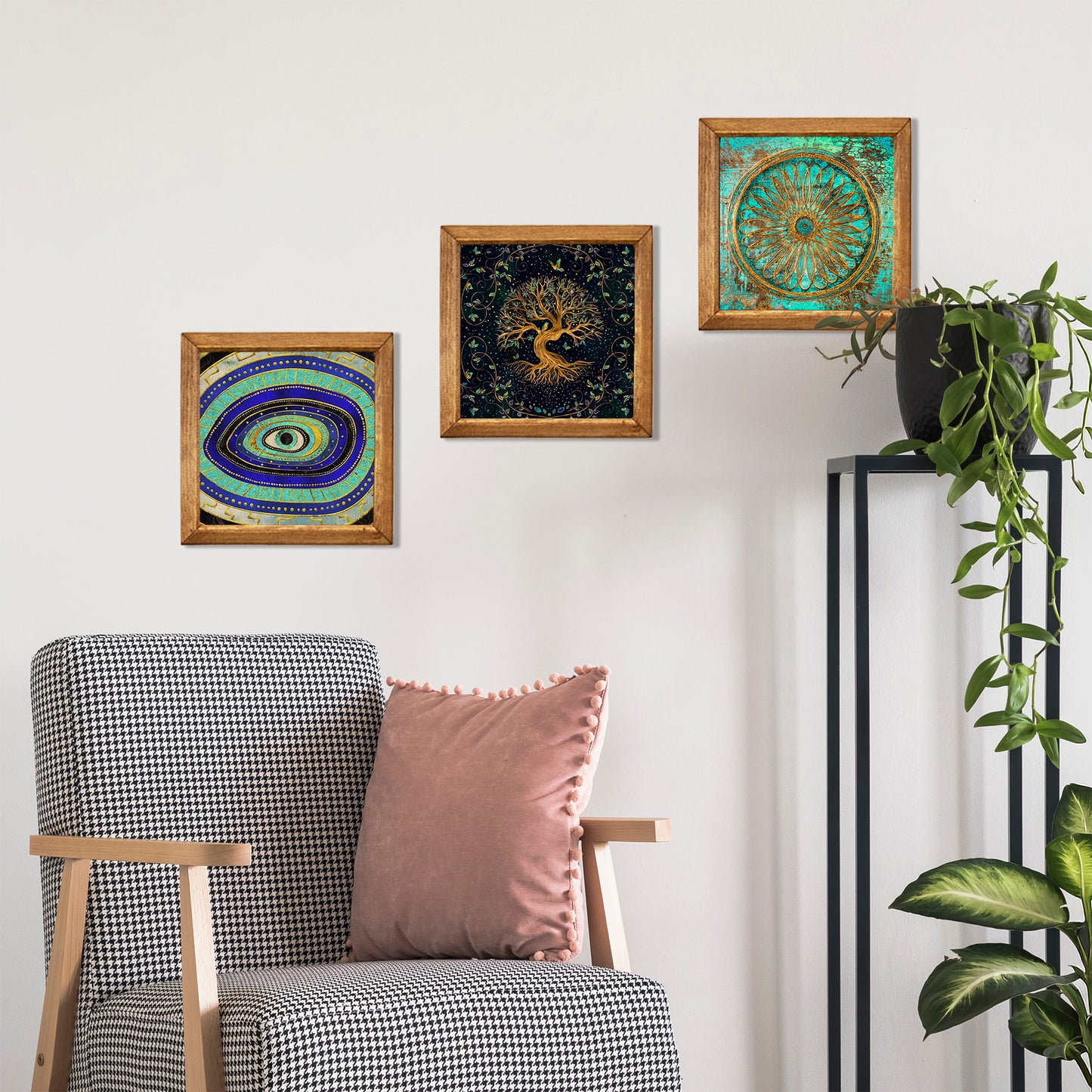 Evil Eye, Tree of Life & Sacred Wheel Trio Natural Stone Wall Art – Wood Frame Set